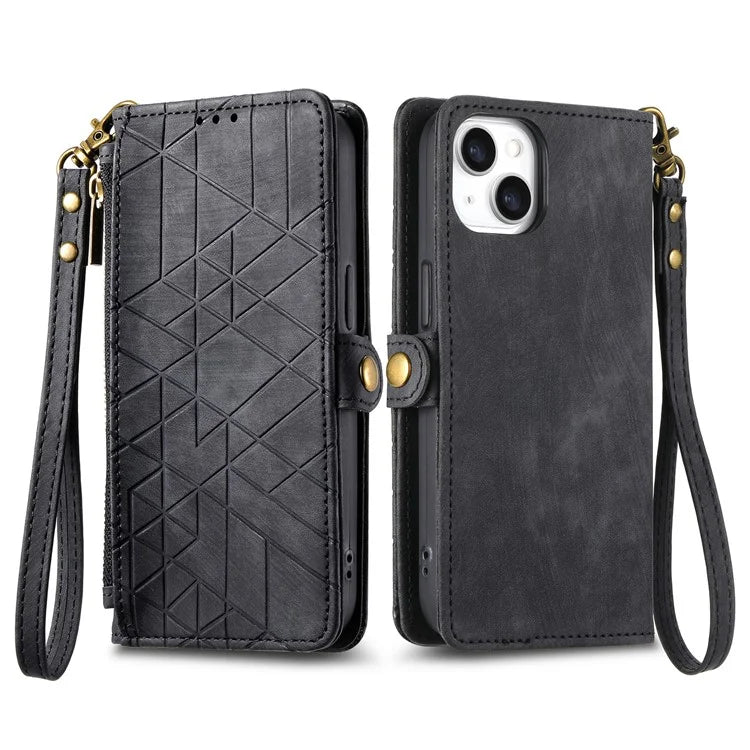 Stand Case for iPhone 14 Geometry Leather Zipper Wallet Phone Cover with Wrist Strap