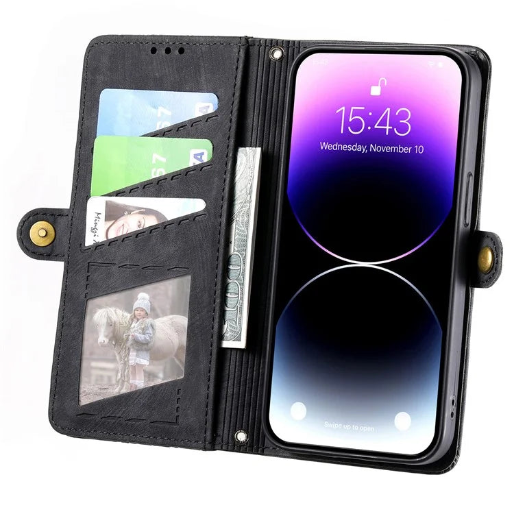 Stand Case for iPhone 14 Geometry Leather Zipper Wallet Phone Cover with Wrist Strap