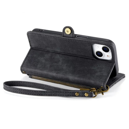 Stand Case for iPhone 14 Geometry Leather Zipper Wallet Phone Cover with Wrist Strap