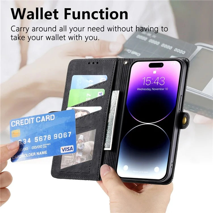 Stand Case for iPhone 14 Geometry Leather Zipper Wallet Phone Cover with Wrist Strap