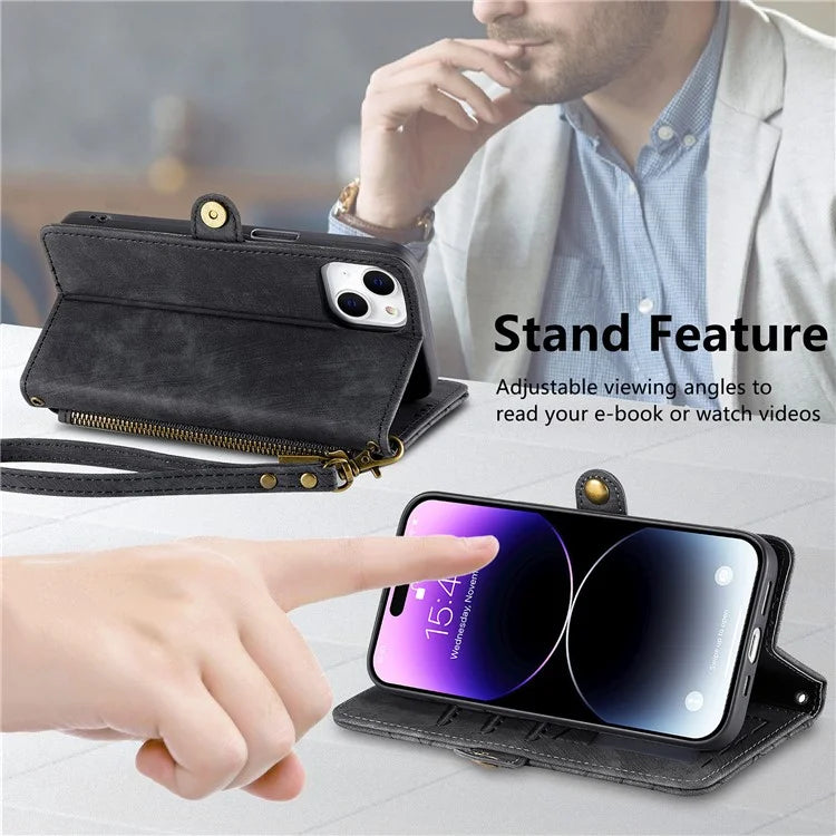 Stand Case for iPhone 14 Geometry Leather Zipper Wallet Phone Cover with Wrist Strap