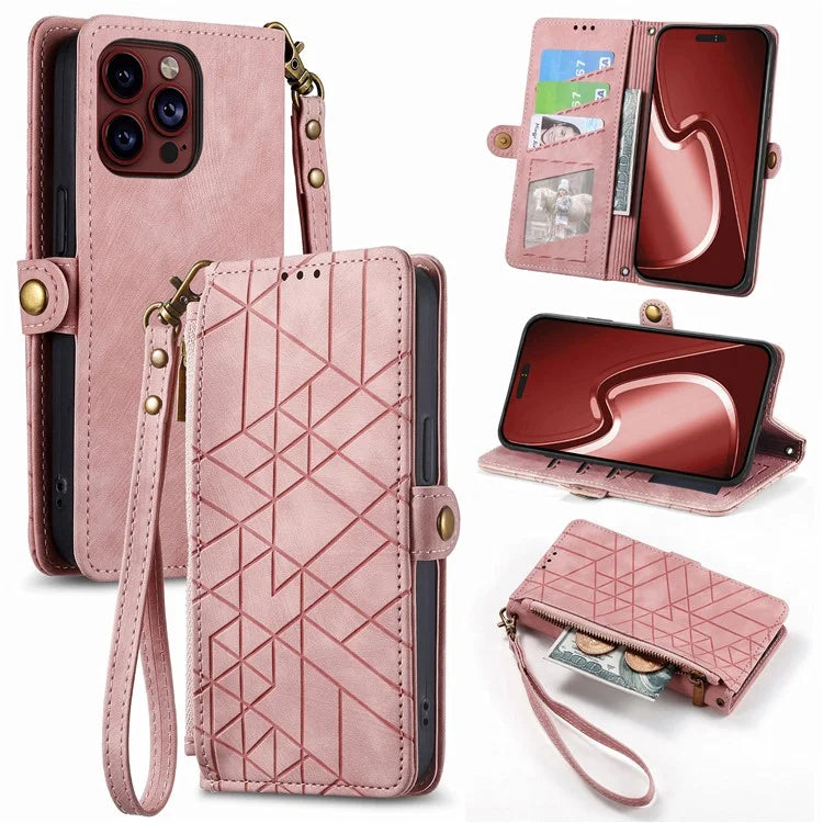 For iPhone 15 Pro Max Case Geometry Leather Zipper Wallet Phone Cover with Wrist Strap