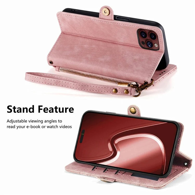 For iPhone 15 Pro Max Case Geometry Leather Zipper Wallet Phone Cover with Wrist Strap