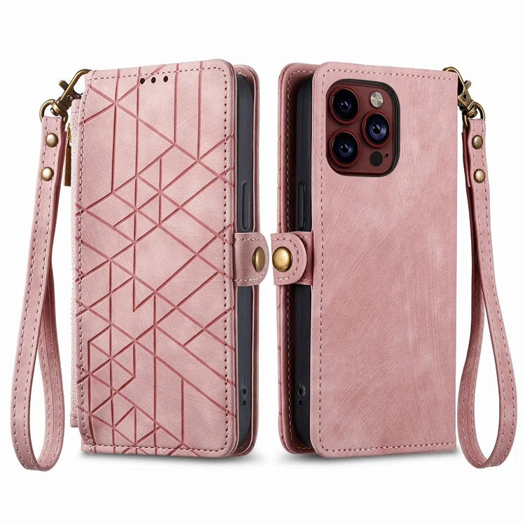 For iPhone 15 Pro Max Case Geometry Leather Zipper Wallet Phone Cover with Wrist Strap