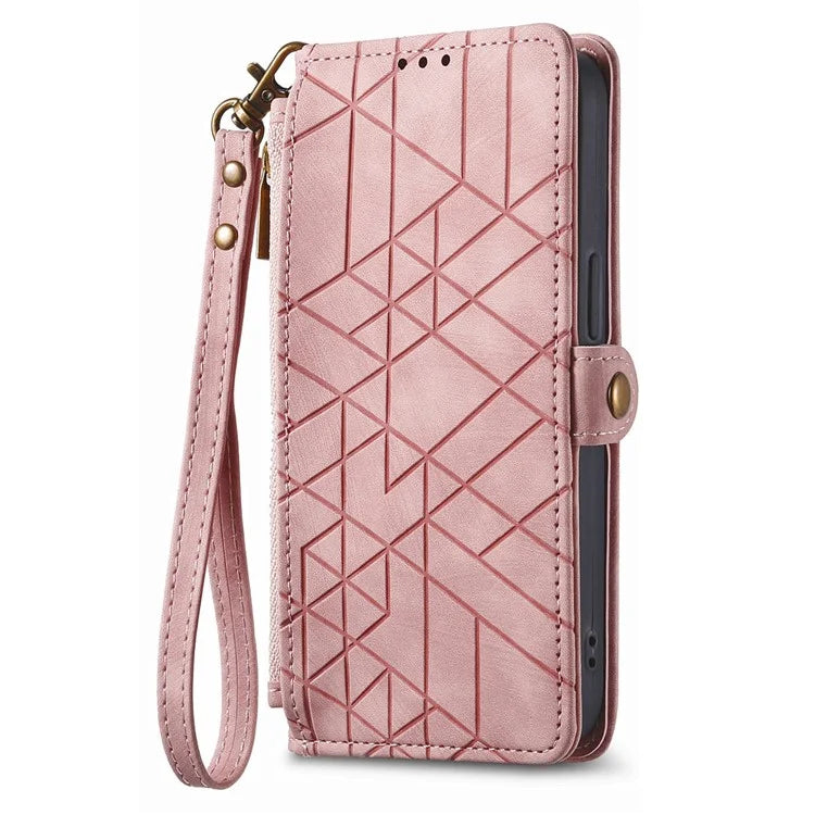 For iPhone 15 Pro Max Case Geometry Leather Zipper Wallet Phone Cover with Wrist Strap