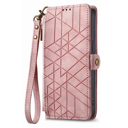 For iPhone 15 Pro Max Case Geometry Leather Zipper Wallet Phone Cover with Wrist Strap