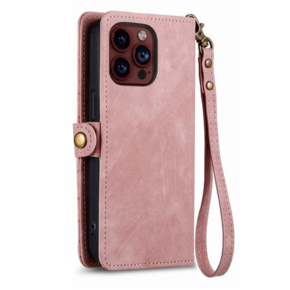 For iPhone 15 Pro Max Case Geometry Leather Zipper Wallet Phone Cover with Wrist Strap