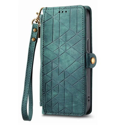 For iPhone 15 Pro Max Case Geometry Leather Zipper Wallet Phone Cover with Wrist Strap