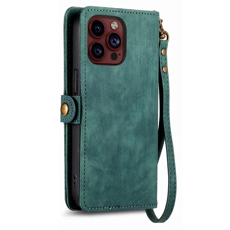 For iPhone 15 Pro Max Case Geometry Leather Zipper Wallet Phone Cover with Wrist Strap