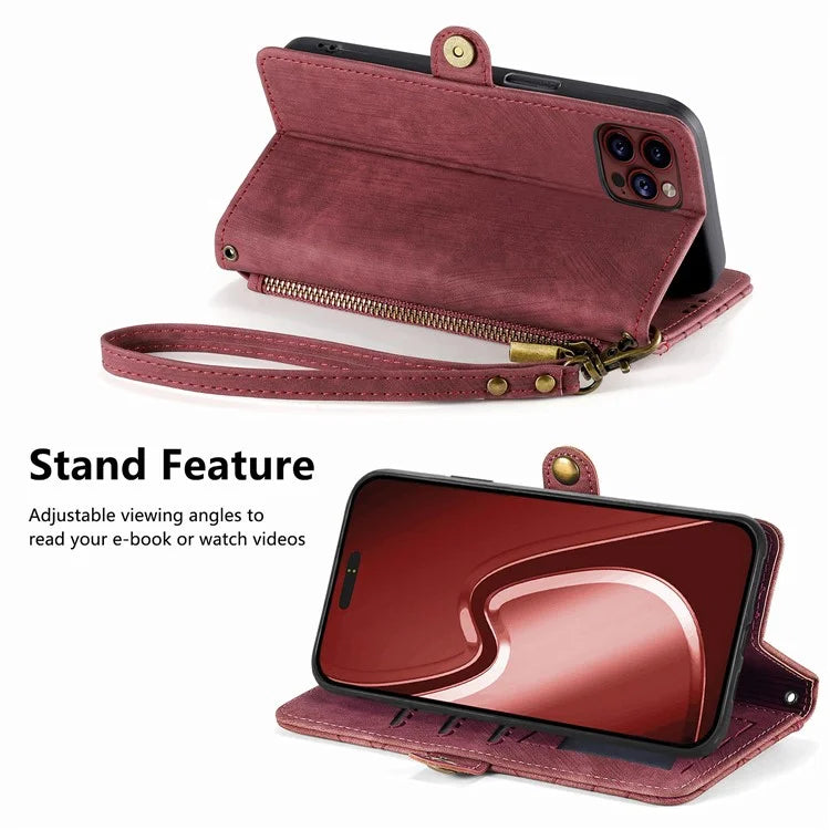 For iPhone 15 Pro Max Case Geometry Leather Zipper Wallet Phone Cover with Wrist Strap