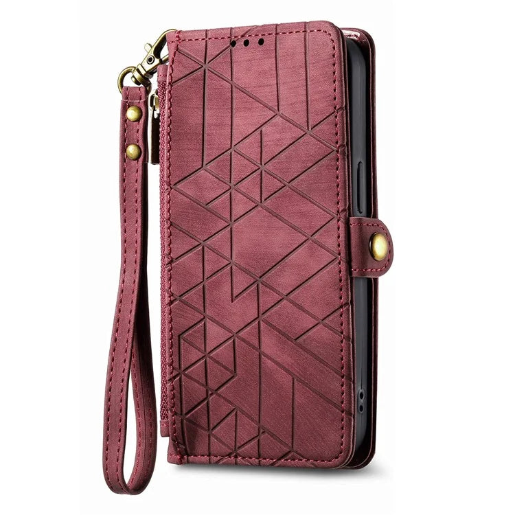 For iPhone 15 Pro Max Case Geometry Leather Zipper Wallet Phone Cover with Wrist Strap