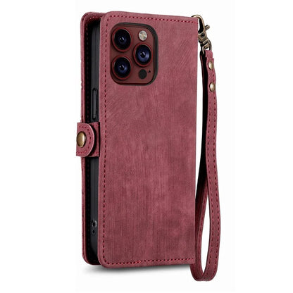 For iPhone 15 Pro Max Case Geometry Leather Zipper Wallet Phone Cover with Wrist Strap