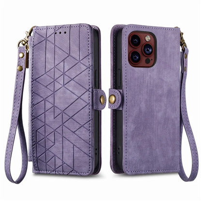 For iPhone 15 Pro Max Case Geometry Leather Zipper Wallet Phone Cover with Wrist Strap