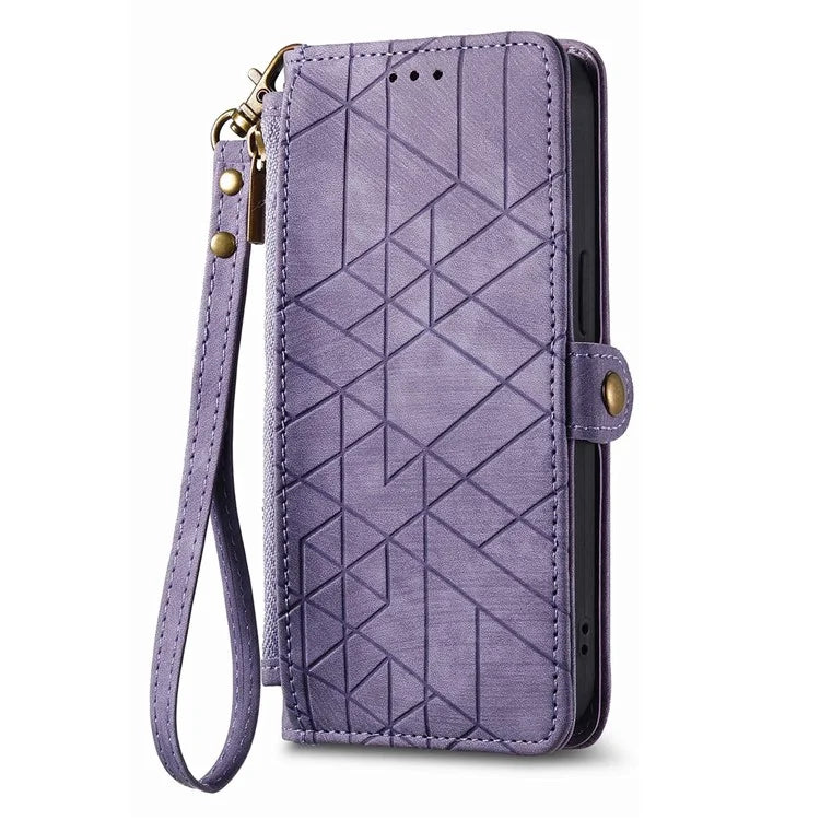 For iPhone 15 Pro Max Case Geometry Leather Zipper Wallet Phone Cover with Wrist Strap
