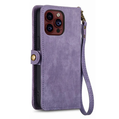 For iPhone 15 Pro Max Case Geometry Leather Zipper Wallet Phone Cover with Wrist Strap