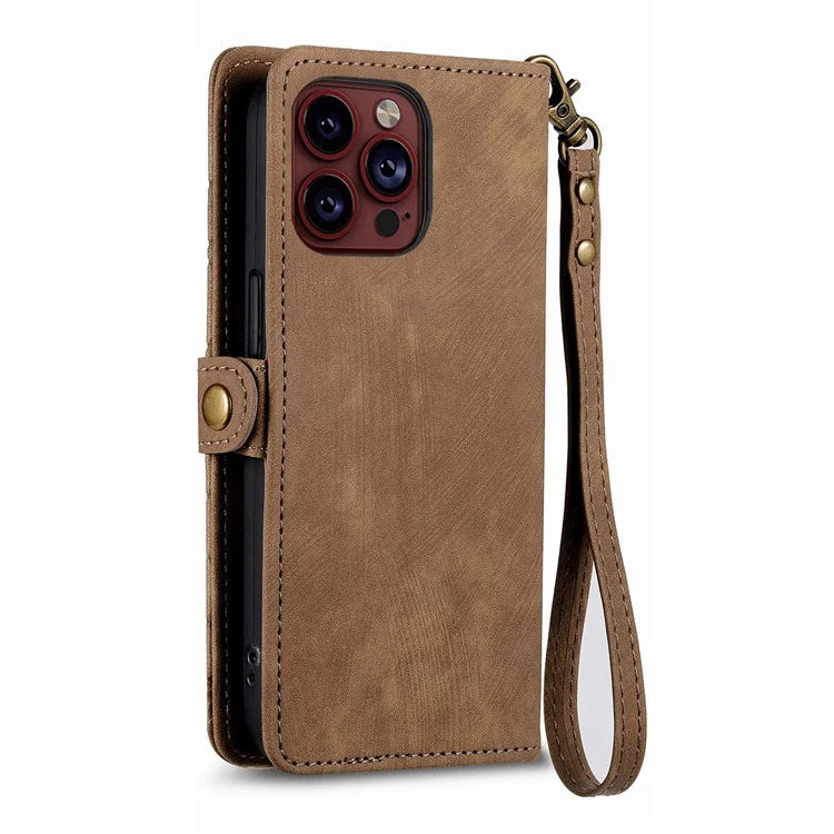 For iPhone 15 Pro Max Case Geometry Leather Zipper Wallet Phone Cover with Wrist Strap