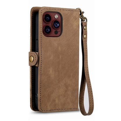 For iPhone 15 Pro Max Case Geometry Leather Zipper Wallet Phone Cover with Wrist Strap