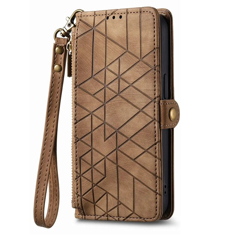 For iPhone 15 Pro Max Case Geometry Leather Zipper Wallet Phone Cover with Wrist Strap