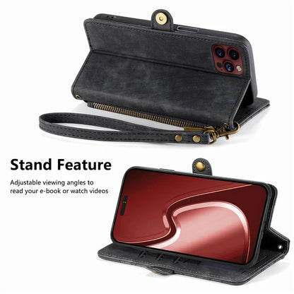 For iPhone 15 Pro Max Case Geometry Leather Zipper Wallet Phone Cover with Wrist Strap