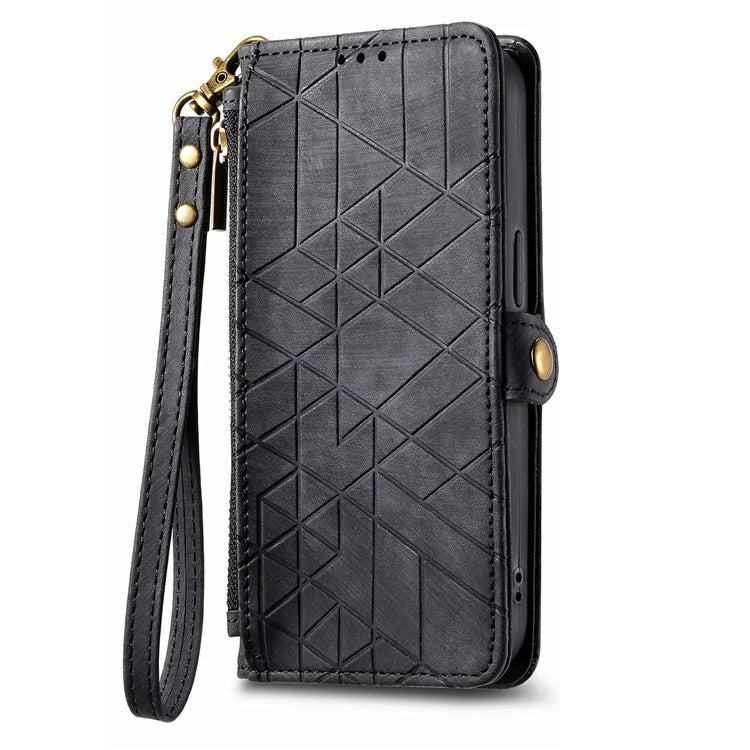 For iPhone 15 Pro Max Case Geometry Leather Zipper Wallet Phone Cover with Wrist Strap