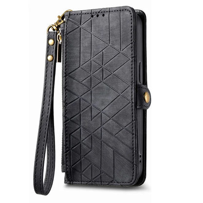 For iPhone 15 Pro Max Case Geometry Leather Zipper Wallet Phone Cover with Wrist Strap