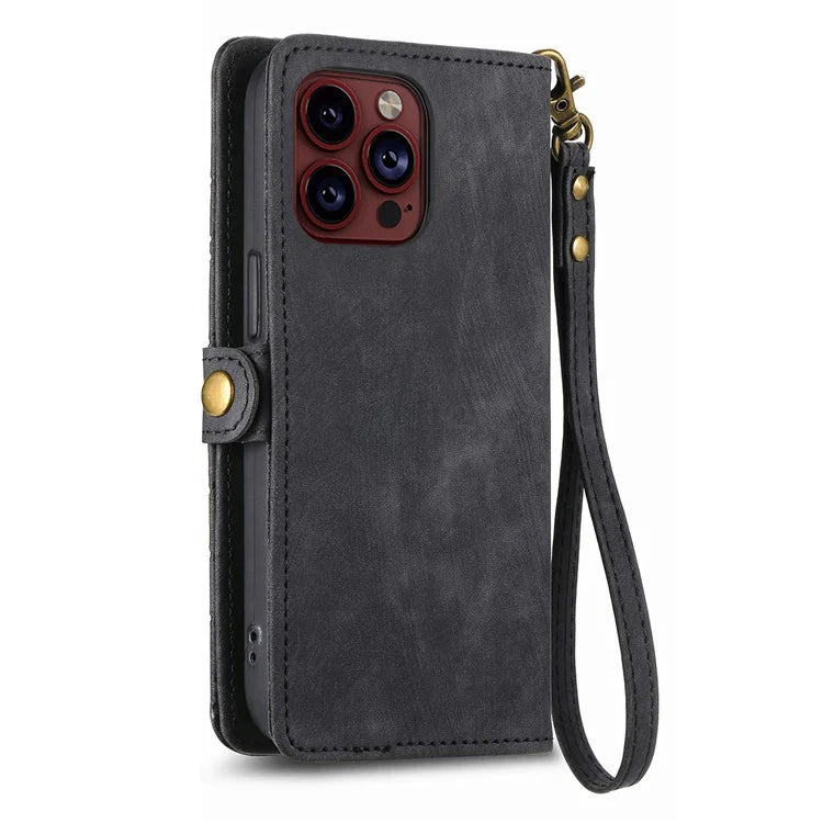 For iPhone 15 Pro Max Case Geometry Leather Zipper Wallet Phone Cover with Wrist Strap