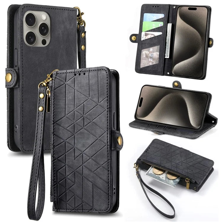 For iPhone 15 Pro Case Geometry Leather Phone Wallet Cover with Wrist Strap
