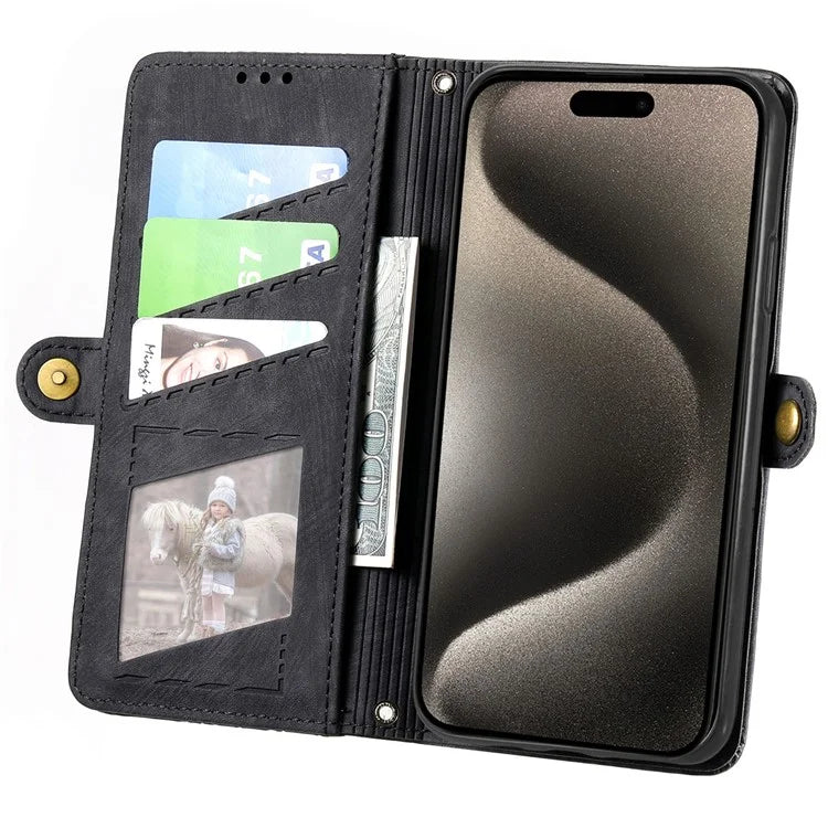 For iPhone 15 Pro Case Geometry Leather Phone Wallet Cover with Wrist Strap
