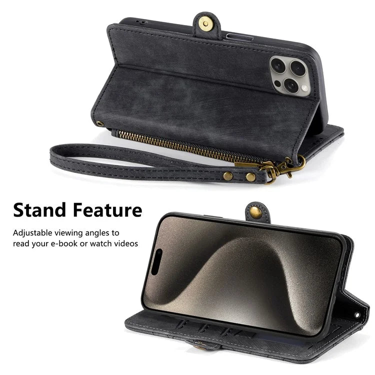 For iPhone 15 Pro Case Geometry Leather Phone Wallet Cover with Wrist Strap