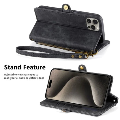 For iPhone 15 Pro Case Geometry Leather Phone Wallet Cover with Wrist Strap