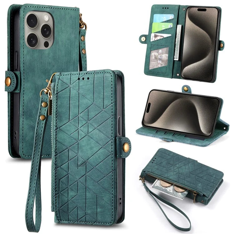 For iPhone 15 Pro Case Geometry Leather Phone Wallet Cover with Wrist Strap