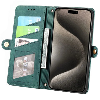 For iPhone 15 Pro Case Geometry Leather Phone Wallet Cover with Wrist Strap