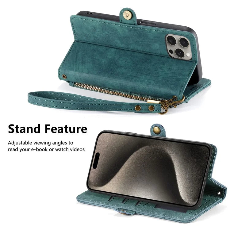 For iPhone 15 Pro Case Geometry Leather Phone Wallet Cover with Wrist Strap