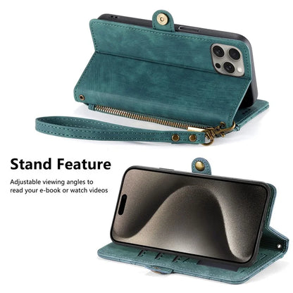 For iPhone 15 Pro Case Geometry Leather Phone Wallet Cover with Wrist Strap