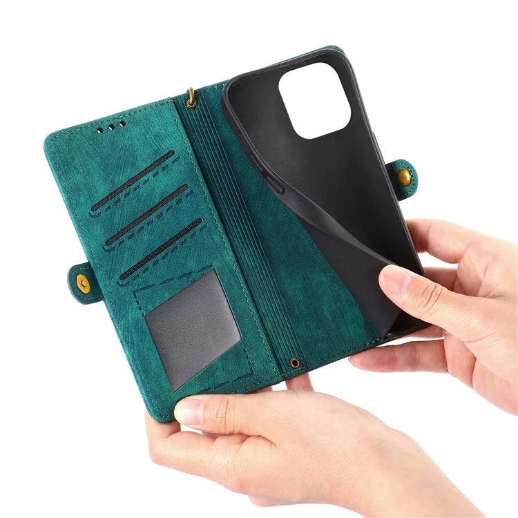 For iPhone 15 Pro Case Geometry Leather Phone Wallet Cover with Wrist Strap