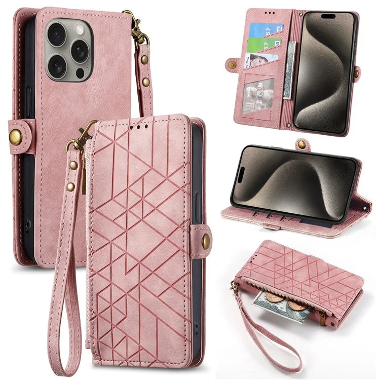 For iPhone 15 Pro Case Geometry Leather Phone Wallet Cover with Wrist Strap