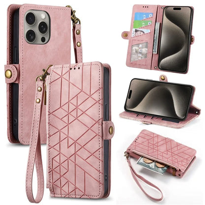 For iPhone 15 Pro Case Geometry Leather Phone Wallet Cover with Wrist Strap
