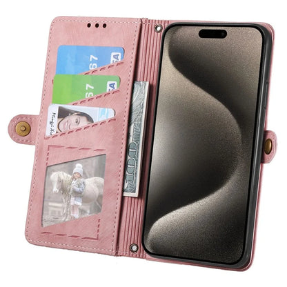 For iPhone 15 Pro Case Geometry Leather Phone Wallet Cover with Wrist Strap