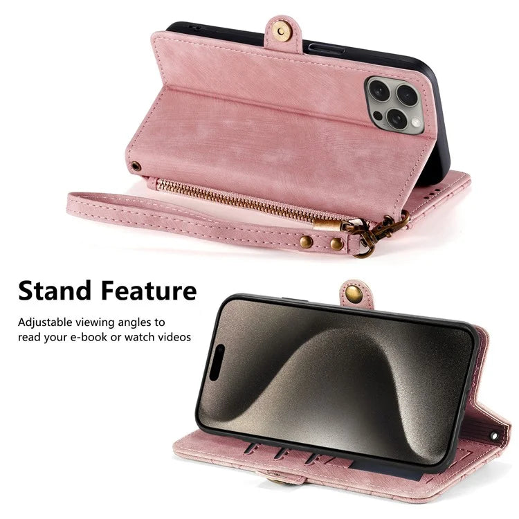 For iPhone 15 Pro Case Geometry Leather Phone Wallet Cover with Wrist Strap