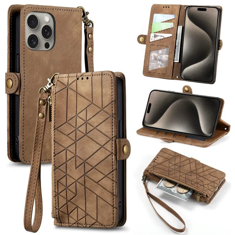 For iPhone 15 Pro Case Geometry Leather Phone Wallet Cover with Wrist Strap