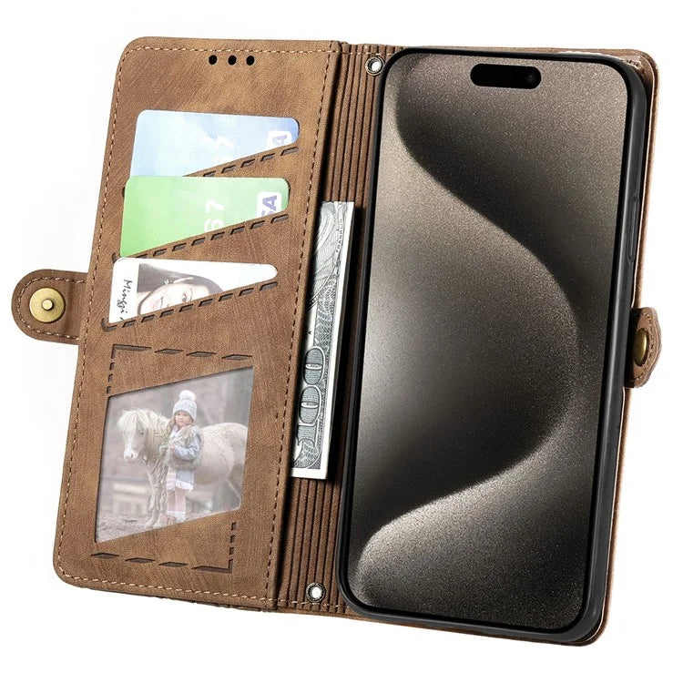For iPhone 15 Pro Case Geometry Leather Phone Wallet Cover with Wrist Strap