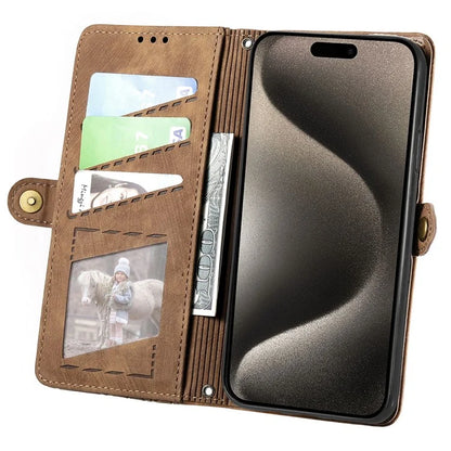 For iPhone 15 Pro Case Geometry Leather Phone Wallet Cover with Wrist Strap