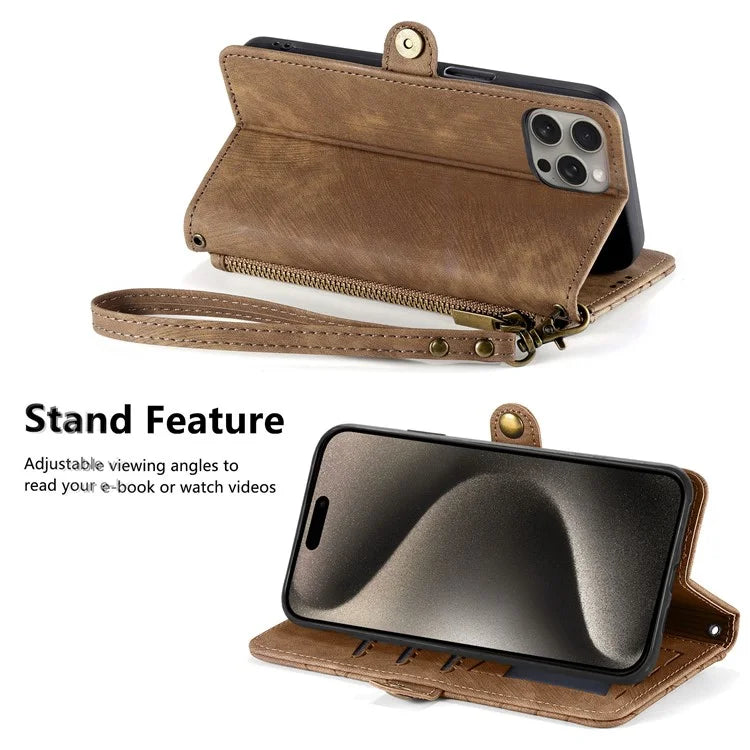 For iPhone 15 Pro Case Geometry Leather Phone Wallet Cover with Wrist Strap