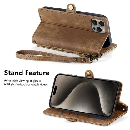 For iPhone 15 Pro Case Geometry Leather Phone Wallet Cover with Wrist Strap