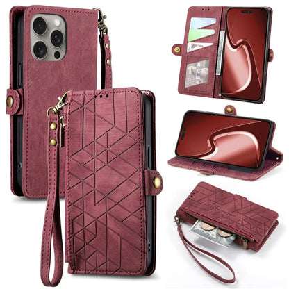 For iPhone 15 Pro Case Geometry Leather Phone Wallet Cover with Wrist Strap