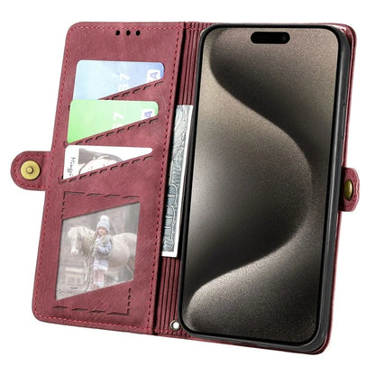 For iPhone 15 Pro Case Geometry Leather Phone Wallet Cover with Wrist Strap