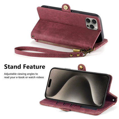 For iPhone 15 Pro Case Geometry Leather Phone Wallet Cover with Wrist Strap