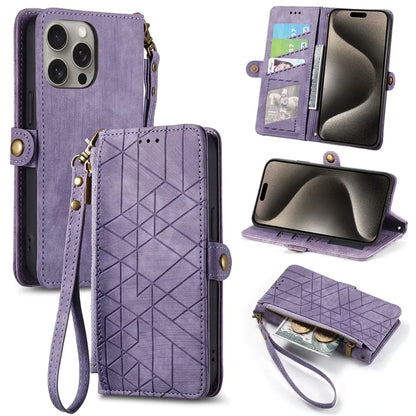 For iPhone 15 Pro Case Geometry Leather Phone Wallet Cover with Wrist Strap