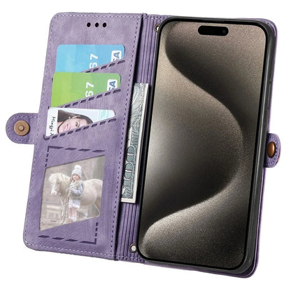 For iPhone 15 Pro Case Geometry Leather Phone Wallet Cover with Wrist Strap