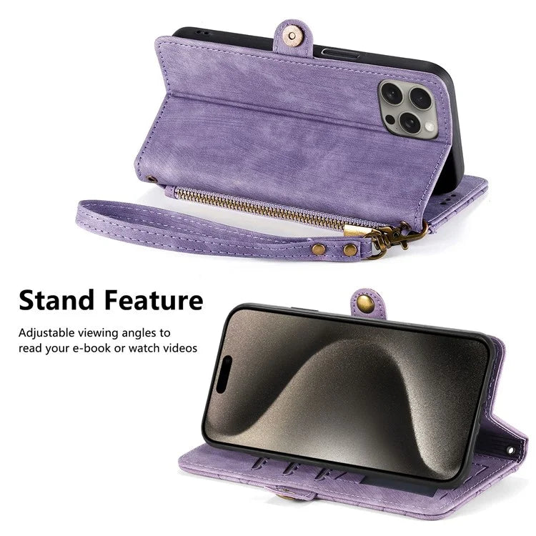 For iPhone 15 Pro Case Geometry Leather Phone Wallet Cover with Wrist Strap